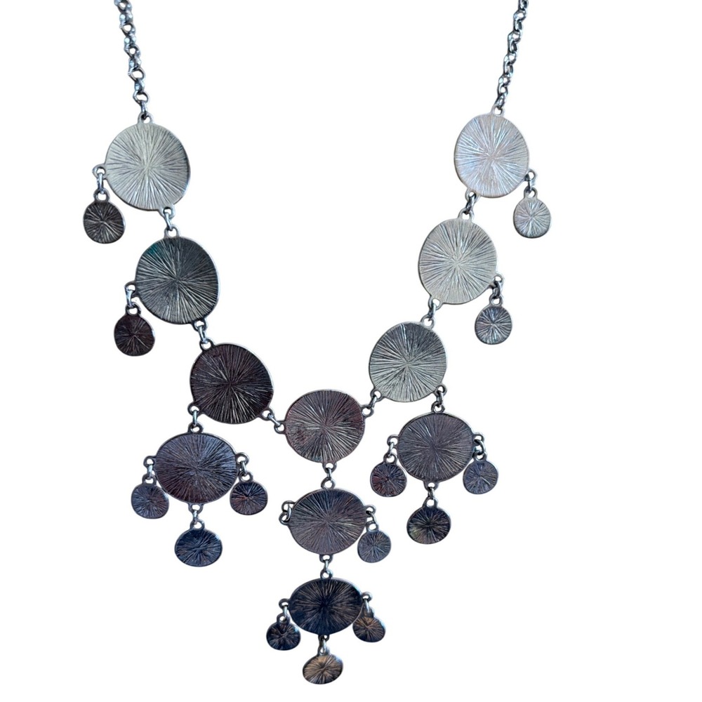 Silver Tone Textured Multi Disc Statement Bib Necklace Boho Sunburst Etched